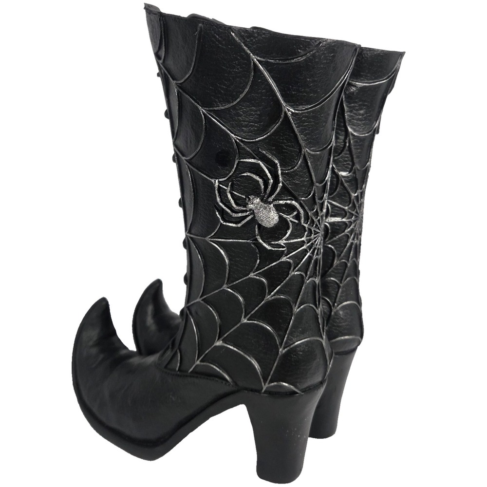 Gothic Witch Boots Vase 11 Inch Black Silver Spider Web Halloween Decor New